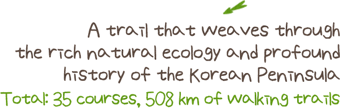 A trail that weaves through the rich natural ecology and profound history of the Korean Peninsula. Total: 35 courses, 508 km of walking trails